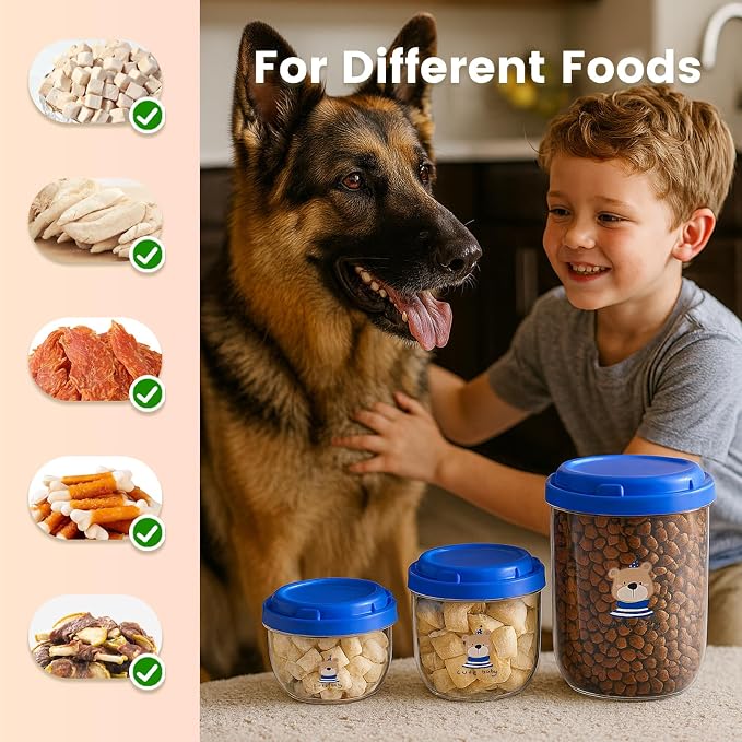 3-Pack Airtight Dog Treat Container Set - Clear Plastic Pet Food Storage Canisters for Kitchen Counter Pantry Organization - Small Stackable Jars for Cat Snacks, Bird Hamster Food, Blue Lids