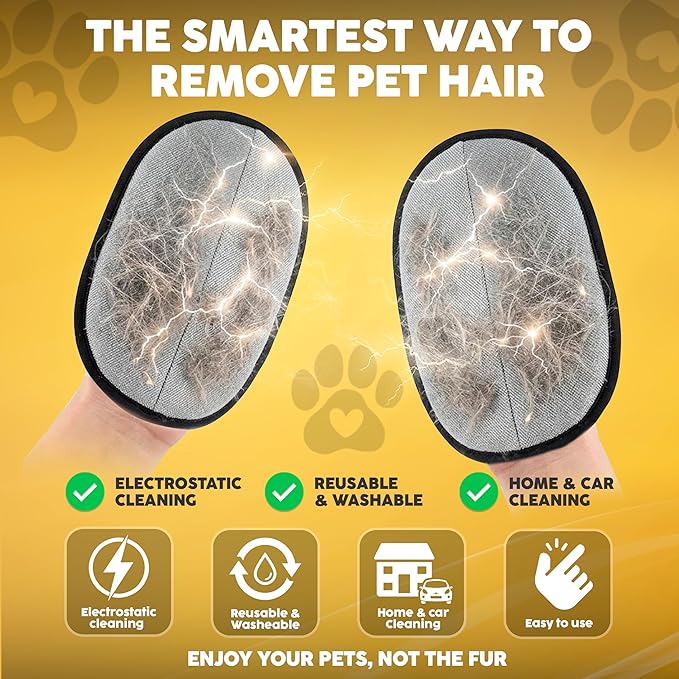 2 Pack PET Hair Remover Gloves โ Electrostatic Dog & Cat Hair Removal Glove, Reusable Pet Fur Remover for Couch, Furniture, Clothes & Car Seats, Lint Remover Tool, Animal Hair Remover Cleaning Mitt