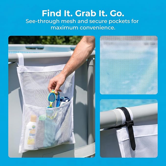 3 Pieces Pool Storage Set for Above Ground Pool Accessories, Hanging Pool Organizer Bags for Pool Noodles, Large Floats, Toys, Sports Balls, Towels & Beverages