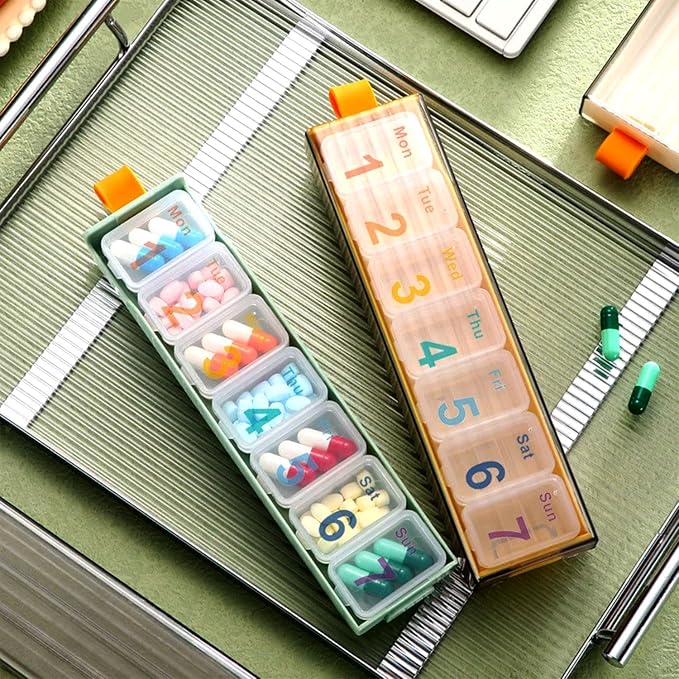 7 Days Travel Pill Dispenser Case, Weekly 7 Compartment Pill Box | Mini Portable Daily Medicine Pill Organizer, Every Day Dose, Senior-Friendly, for Vitamins, Supplements, Fish Oil (Yellow)