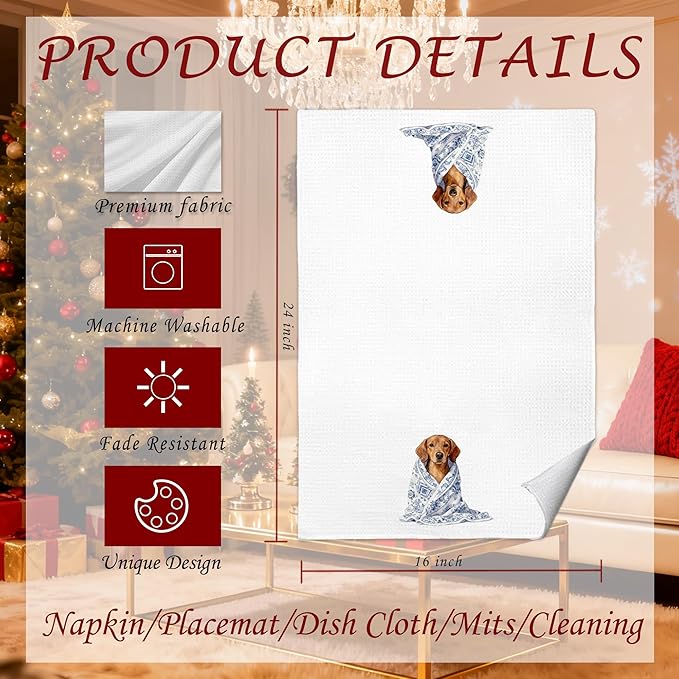 Blue Chinoiserie Dachshund Kitchen Towels 16x24 in, Gifts for Dachshund Lovers, Weiner Dog Gifts, Grandmillennial Floral Sausage Dog Decorative Hand Tea Dish Towels for Bathroom Kitchen