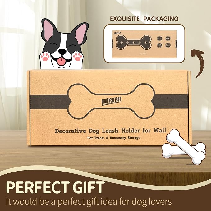 MTERSN Acacia Wood Dog Leash Holder for Wall – Farmhouse Dog Stuff Organizer and Dogs Bone Key Holder Wall Mount with 3D Paw Hooks - Cute Pet Organizer for Leashes, Keys & Home Decor(Dark Acacia) | Dog Bone Key Holder Wall Mount, Five Key Hooks, Farmho...
