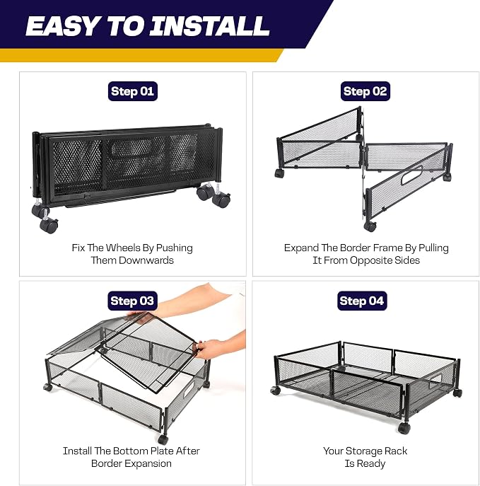 2pcs Large UnderBed Storage with Wheels - Sturdy Black Under Bed Storage with Wheels - Under the Bed Shoe Storage with Wheels of High-grade Steel â Can bare upto 25Kgs