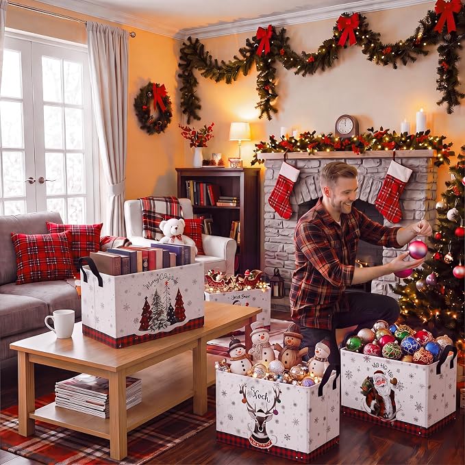4 Pcs Christmas Storage Basket for Gifts Empty Large Christmas Themed Storage Bins with Handles 15 x 10 x 8 Fabric Laundry Baskets Xmas Collapsible Organizer Boxes for Home Cloth Toys Books