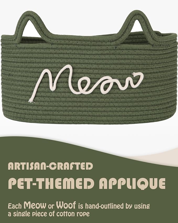 Sea Team Cat Toy Storage Basket with Handles and Ears, Green Meow | Large Cotton Rope Storage Bin, Shelf Basket, Organizer for Pet Chew Toys, Foods, 16.5 x 11 x 7 Inches, 4.4 Gallons