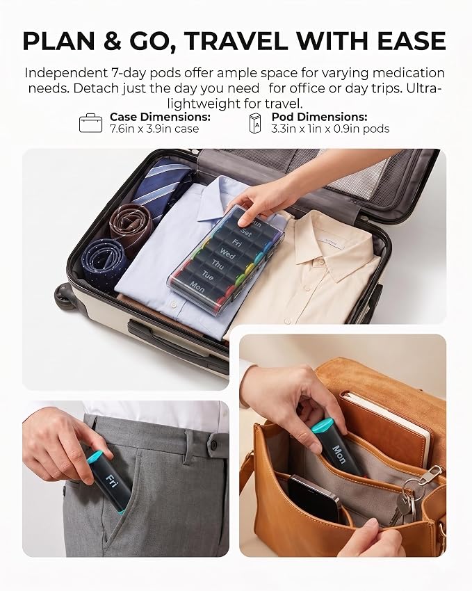 CAidRE 7 Day AM PM Weekly Pill Organizer - 2 Times a Day Large Travel Box | Holds Large Fish Oils, Removable Daily Pods for Travel, Soft Easy-Open Lids for Seniors, Durable Water-Resistant Case, Black
