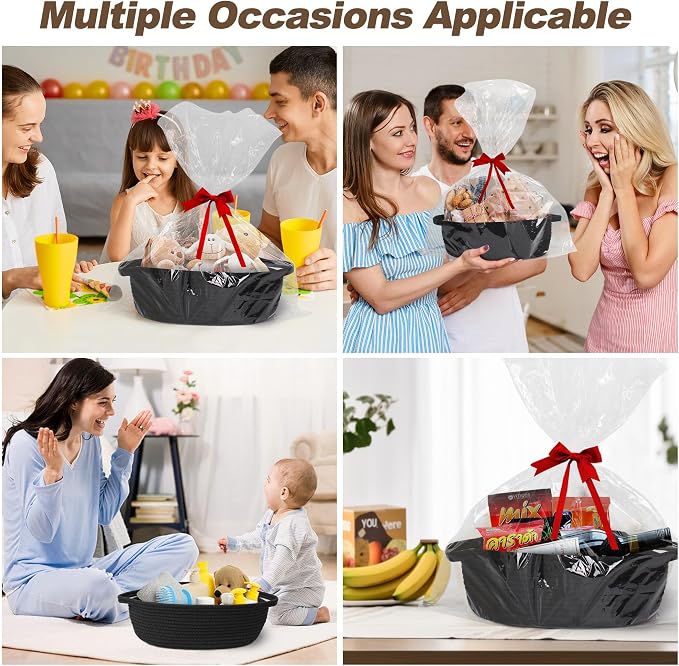 Small Baskets for Gifts Empty, 13"x 9"x 5" Woven Gift Basket with Bag and Ribbon, Cotton Rope Kids Dog Cat Toy Bin Box, Cute Baby Nursery Organizer, Decorative Storage with Handles (Black)