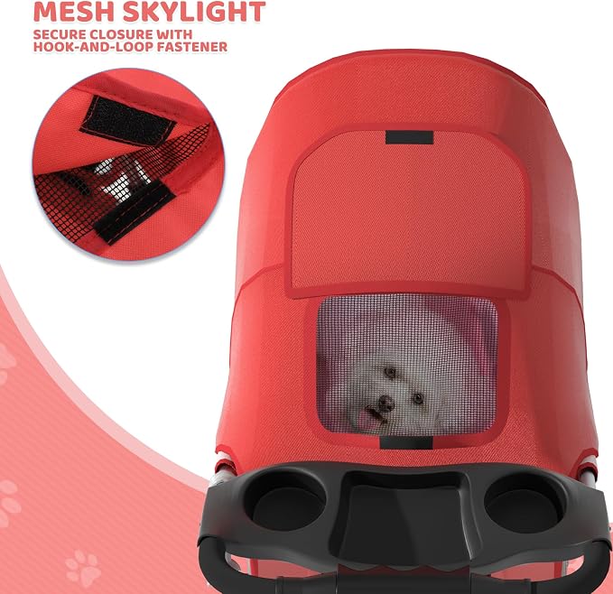 Magshion 3-Wheel Pet Stroller for Small/Medium Dogs & Cats, Up to 33lbs | Foldable Travel Jogger w/ Breathable Mesh Cover, Lightweight Design, Safety Tethers, Cup Holder & Storage Basket