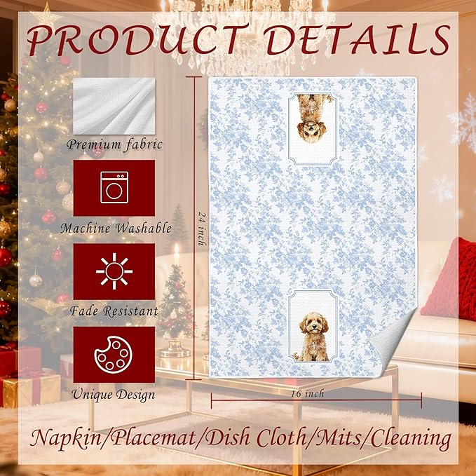 Blue and White Chinoiserie Poodle Kitchen Towels 16x24 in, Poodle Gifts for Women, Grandmillennial Toile De Jouy Floral Dog Decorative Hand Tea Dish Towels for Bathroom Kitchen