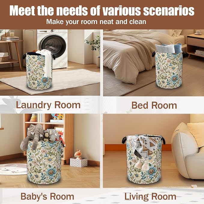 Boho Vintage Wildflower Floral Laundry Baskets,Laundry Hamper,Storage Basket with Handles for Bathroom Bedroom College Dormitory Living Room Nursery Organizer 16"x20.8"