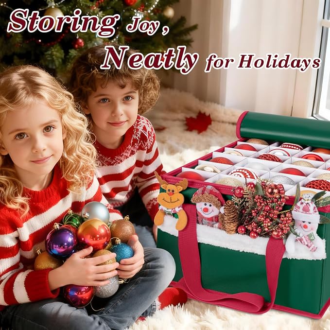 Christmas Ornament Storage Box with Adjustable Dividers Zippered Top Stores up to 72 Holiday Ornaments (3 Inch) Xmas Ball Decorations Organizer Storage Container Bin