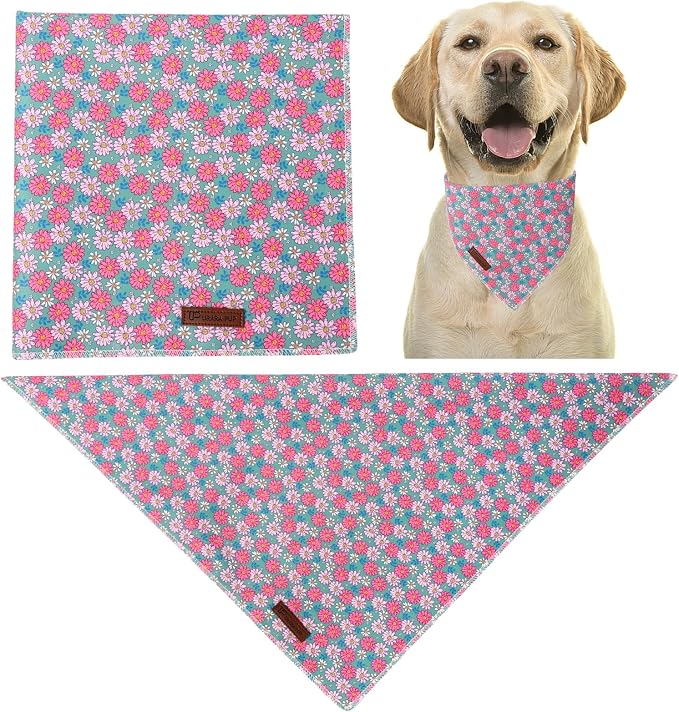 Summer Dog Bandana, UP URARA PUP Chamomile Triangle Bid Scarf for Medium Large Dogs, Cotton Kerchief for Girl Boy Puppies, Cute Spring FloralBandana,S