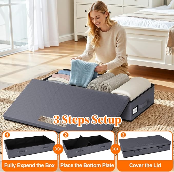 StoreHappily Under Bed Storage Containers with Lids, 2 Pack Foldable Grey | Storage organizer, Stackable Clothes Storage Bags, For Blankets Pillows Clothing, Clear Window, 3-Sided Handles, Label Slot