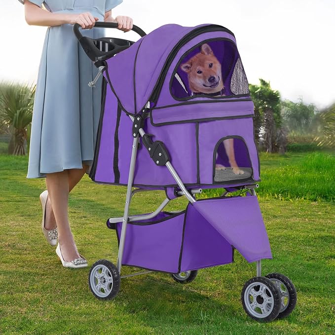 BLKMTY Dog Stroller, Folding Dog Stroller for Medium Dogs Cats, 3 Wheels Pet Cat Strollers Travel Carrier Strolling Cart for Puppy Jogger Strollers with Cup Holder & Storage Basket, Purple