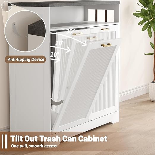 Pet-Proof Double 13 Gallon Tilt Out Trash Can Cabinet with Open Storage – Hide Garbage & Recycling Bins to Keep Your Kitchen Clean and Organized,White