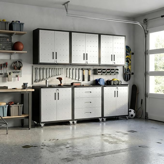 Garage Cabinet System | Heavy Duty Steel All-in-One Modular Garage Cabinet Set for Ultimate Workshop Organization | Easy Assembly Garage Storage Cabinets & Tool Bench