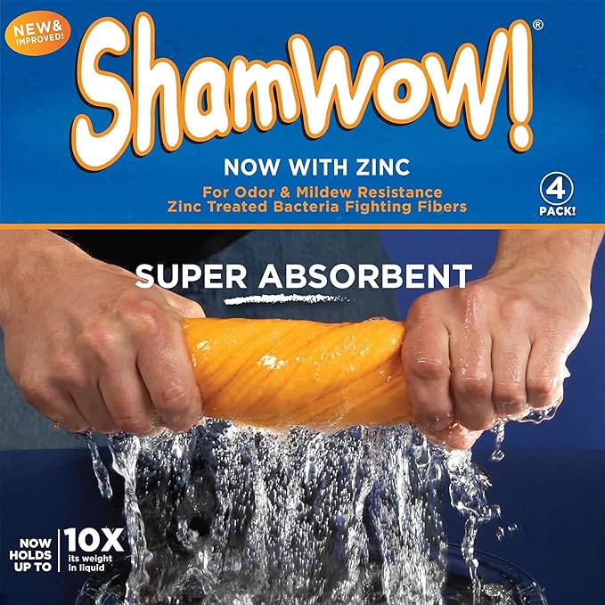 ShamWow 20"x27" Shammy Super Absorbent Multi-Purpose Home Cleaning, Chamois Towel for Cars, Lint-Free, Streak-Free & Scratch-Free, Holds 10x Its Weight, Machine Washable, (4-Pack, Orange)