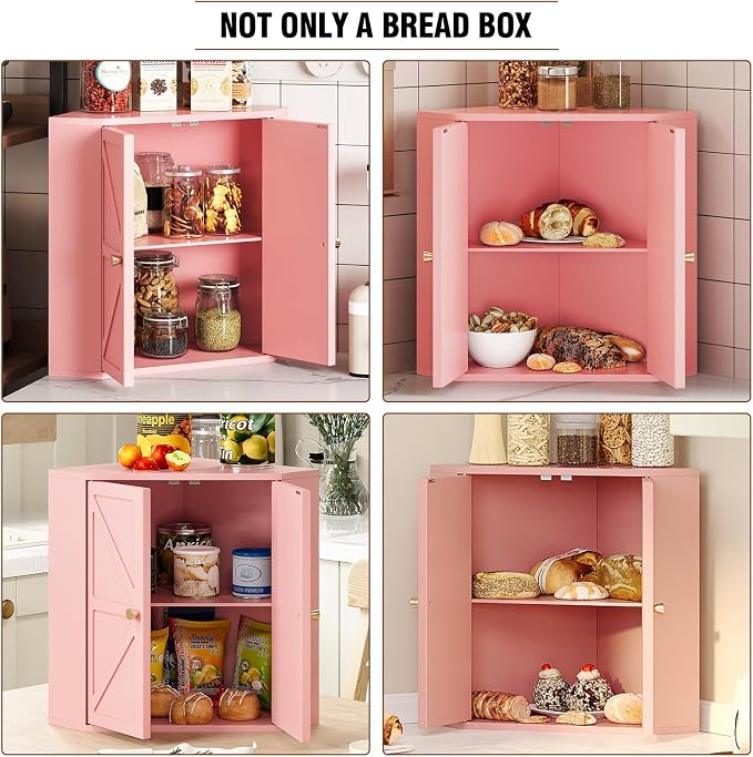 Trironsun Corner Bread Box for Kitchen Counter Double Layer Bamboo Bread Storage Container Large Capacity Bread Storage Bin Farmhouse Breadbox Organizer (Pink)