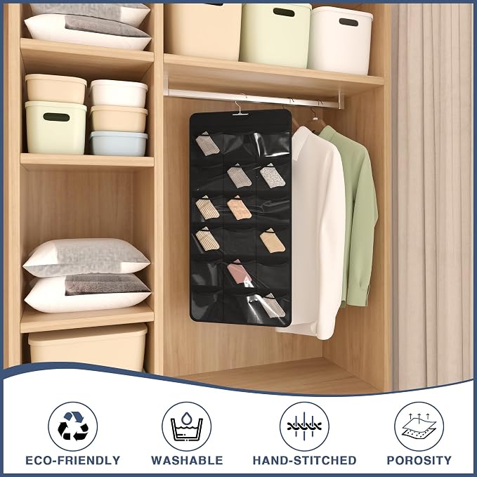 26-Pocket Hanging Closet Organizer for Socks and Underwear, Black | Non-woven clear compartments keep bras & leggings visible; swivel hook fits wardrobe, closet rod, wall, door or shelves.