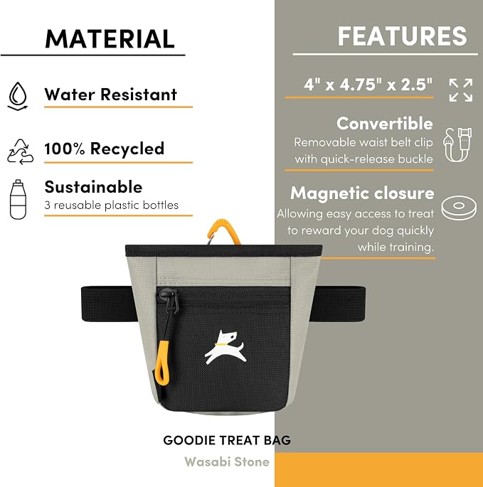 OllyDog, Goodie Treat Bag, Dog Treat Training Pouch | Magnetic Closure | 3 Ways to Wear | Hands-Free Waist Belt | Water-Resistant Recycled Vegan Fabric (Wasabi Stone)