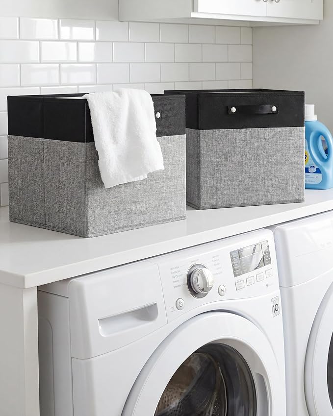 FinishingBo 13 inch Cube Storage Bins with Handles 6 Pack | Foldable Linen Storage Baskets, Closet Organizers, Shelf Baskets, Black Grey