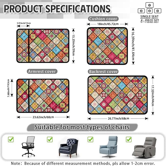 4PCS Quilted Recliner Slipcovers with Arms Mandala Patchwork | Recliner Chair Covers Floral Print Non-Slip Flower Furniture Protector for Armchairs Leather Recliners, Machine Washable
