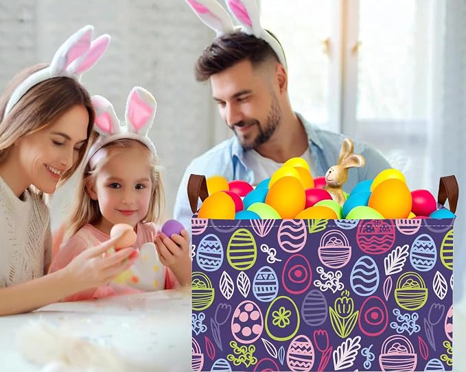 Large Rectangular Easter Baskets Empty Waterproof Boy Toy Box Foldable Kid's Gifts Storage Bin Spring Room Decor(Purple Striped Egg)