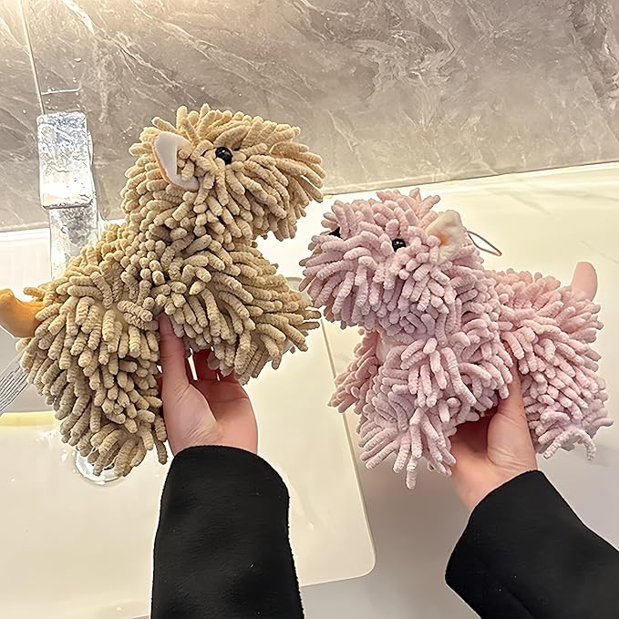 Cute Puppy Chenille Hand Towel for Bathroom Kitchen 10.2x5.1 Inch Fluffy Soft Absorbent Chenille Towel Funny Hand Towels Gift for Women Dog Lovers (Brown)