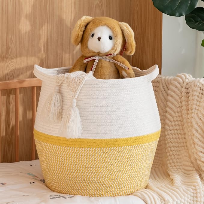KAKAMAY Woven Baskets for Storage(17"x17"),Large Cotton Rope Woven Baby Laundry Hamper,Collapsible Laundry Basket, Blanket Basket for Organizing Living Room,Nursery,Pillows,Toy Chest(Yellow)