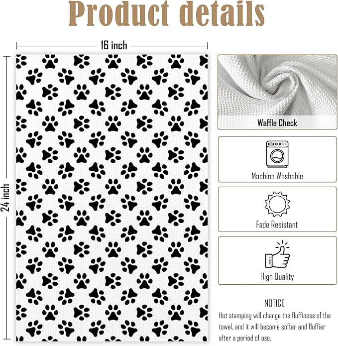 Black and White Dog Paws Kitchen Towels, Dog Mom Dad Lovers Gifts Dish Towels for Kitchen, Dogs Bathroom Hand Towels Decorative Set of 2, Pet Lover Gifts for Women Men Home & Kitchen