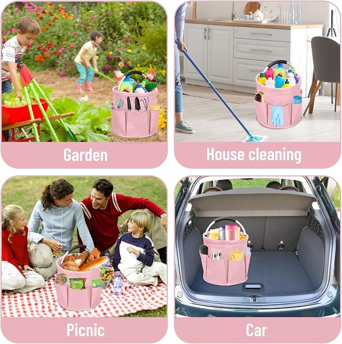 17L Cleaning Caddy with Handle, Foldable Cleaning Supply Caddy with 6 Pockets Cleaning Caddy Bag for Outdoor Camping Garden Harvest Basket Bathroom Storage (Pink)