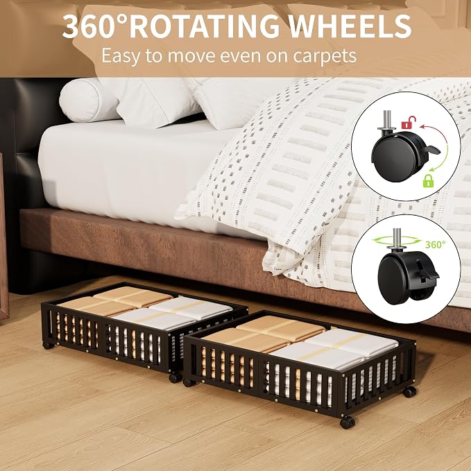 Under Bed Storage with Wheels, 2 Pcs Bamboo Drawers for Clothes and Toy | 360° wheels glide smoothly. Sturdy bamboo frames hold clothes, shoes, bedding and toys. Easy pullout access keeps rooms tidy