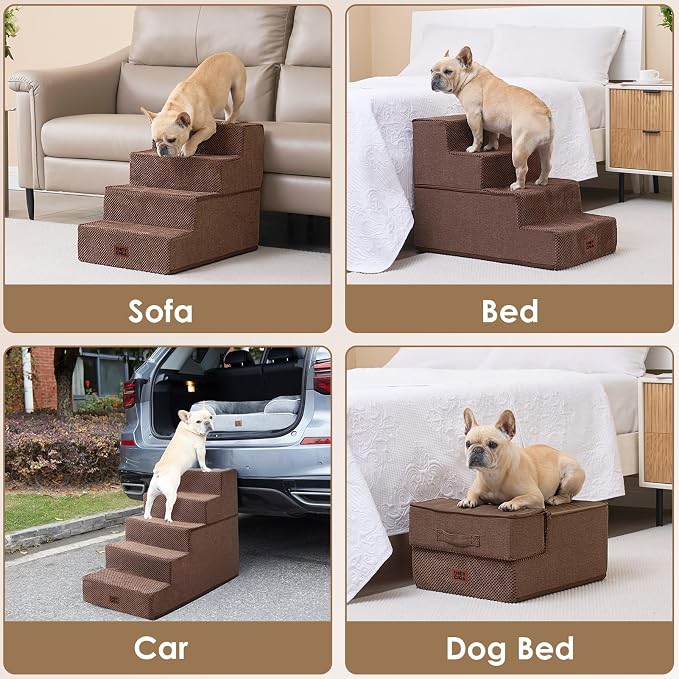 EHEYCIGA Dog Stairs for Bed 18" H, 4-Step Extra Wide Dog Steps for High Bed, Pet Steps for Small Dogs and Cats, Non-Slip Balanced Pet Ramp Indoor, Brown