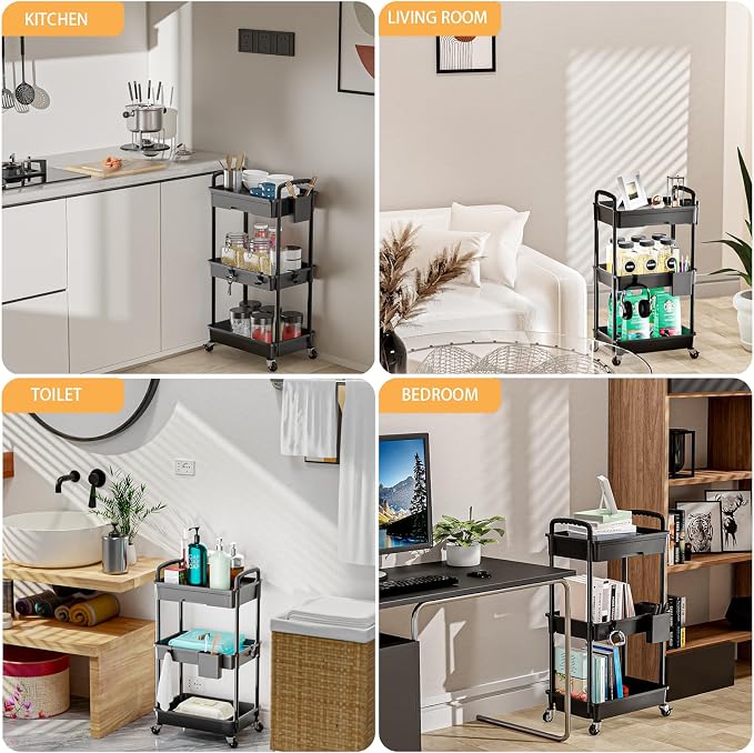 3 Tier Rolling Utility Cart with Drawer,REBECAT Utility Cart Made of Multifunctional Storage Organizer Tool for Kitchen,Bathroom,Living Room,Office(Black)