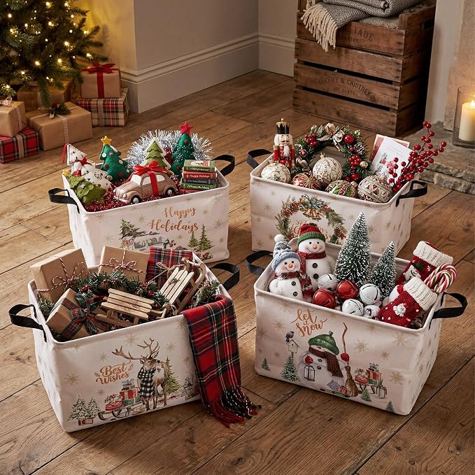 4 Pcs Christmas Storage Basket for Gifts Empty Large Christmas Storage Bins 15 x 10 x 8 Fabric Laundry Baskets with Handle Xmas Collapsible Organizer Boxes for Home Office Gifts Toys Books