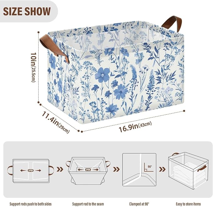 Blue Botanical Floral Wildflower Storage Bins for Shelves with Labels&Handles Fabric Organizer Bin Foldable Rectangle Storage Basket Boxes for Closet, Bathroom, Home, Living Room