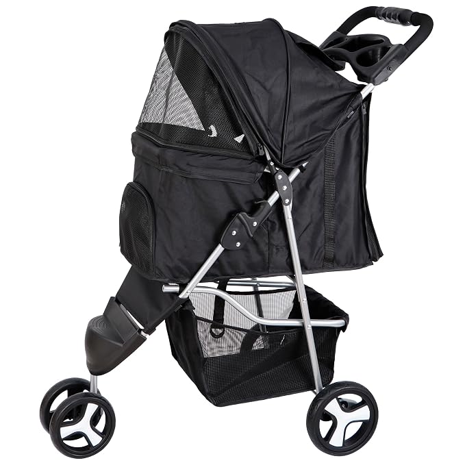 3 Wheels Dog Stroller, Pet Strolling Cart with Skylight Storage Basket Cup Holder Storage Tray, Animal Carrier for Medium Small Dogs and Cats, Easy Walk