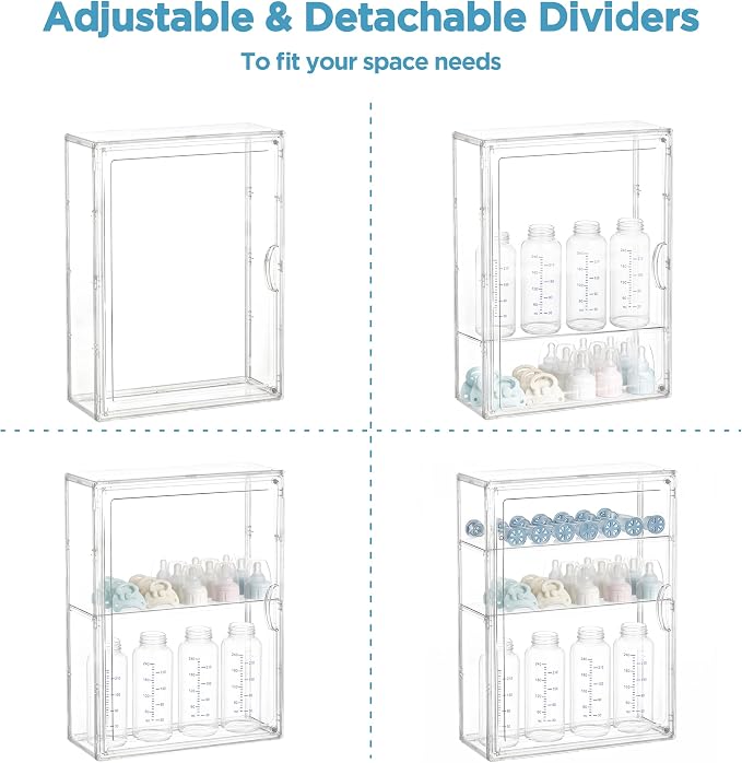 HBlife Baby Bottle Storage Organizer for Wall Countertop Cabinet, 3 Tiers Adjustable Clear Acrylic Bottles Storage Station Case Box Container with 2 Removable Dividers and Magnetic Door, Small