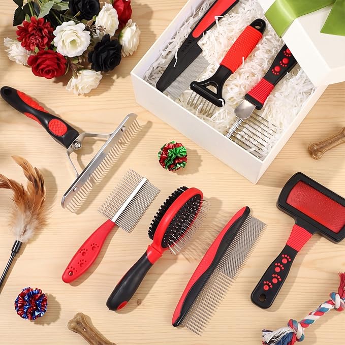 Zhehao 8 Pcs Pet Grooming Kit - Dematting Combs, Slicker Brush, Steel Comb Deshedding Brush, Flea Comb, Undercoat Rake for Detangling Long Matted Fur Hair from Dogs, Cats, Poodles, Anti-slip Handle