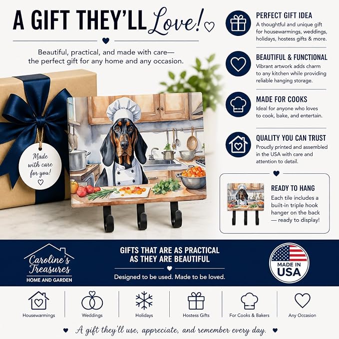 Caroline's Treasures Black and Tan Coonhound The Chef Leash or Key Holder Wall Hooks, Key Hooks Holder, Coat Rack Wall Mount, Coat Hooks, Hooks for Hanging Keys, Towels, Aprons, Leashes | Black and Tan Coonhound The Chef artwork on ceramic tile with th...