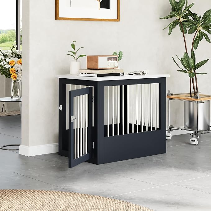 30" Wooden Dog Crate Furniture,Medium Kennel Pet Cage End Table for Indoor | for Small Medium Dogs, Grey and White, Fits Living Room Bedroom, Heavy Duty Steel Frame with Lock 45 lbs Cap, 100 lbs Top.