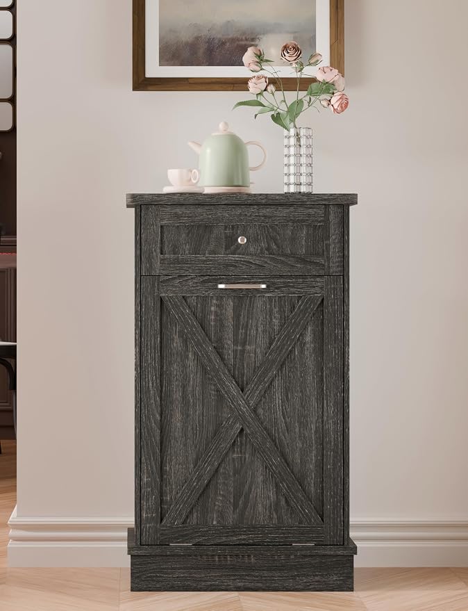 TOLEAD 10 Gallon Tilt Out Trash Can Cabinet Wooden Hidden Trash Cabinet with Solid Wood Top & Drawer, Farmhouse Kitchen Garbage Bin Enclosure Pet Proof Laundry Hamper for Kitchen, Bathroom Grey