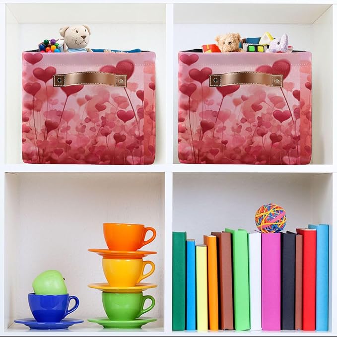 Wamika Happy Valentine’s Day Pink Storage Basket with Waterproof Liner and PU Handles Love Trees Heart Flowers Red Storage Boxes 14.2" Collapsible Decorative Baskets for Bedroom Closet Office 2 Pack