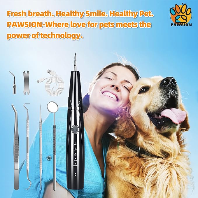 Dog Plaque and Tartar Remover for Teeth, Ultrasonic Pet Tooth Cleaner, Electric Teeth Cleaning Kit for Dogs and Cats, 5 Modes, LED Light, 3 Cleaning Heads, Rechargeable