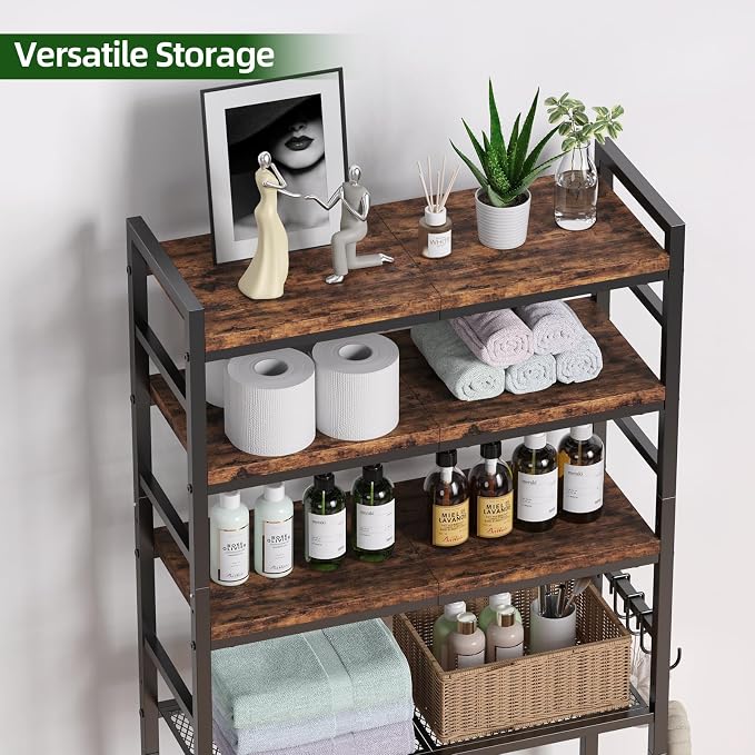 Over The Toilet Storage Rack,4-Tier Over Toilet Bathroom Organizer with Adjustable Wooden Shelves,Freestanding Space Saver Bathroom Cabinet Shelves Over Toilet,Over Toilet Storage, Vintage Brown