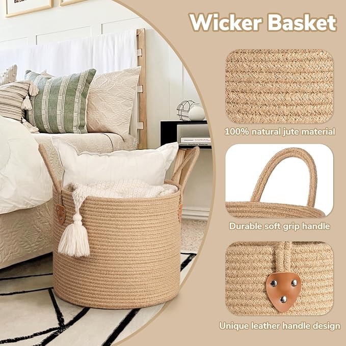 CHICVITA Jute Wicker Storage Basket with Leather Handles, 14" x 12",Jute | Natural Woven Basket, Baby Hamper for Nursery Living Room & Bedroom Organization, Holds Blankets, Towels, Toys & Shoes