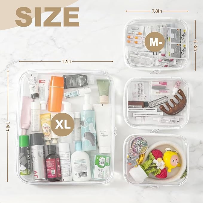Clear Hard Shell Zipper Pouches, Clear Zipper Bags, Hard Case Pouches for Purse & Diaper Bag Organizer,and Travel Essentials (XXL+3M)