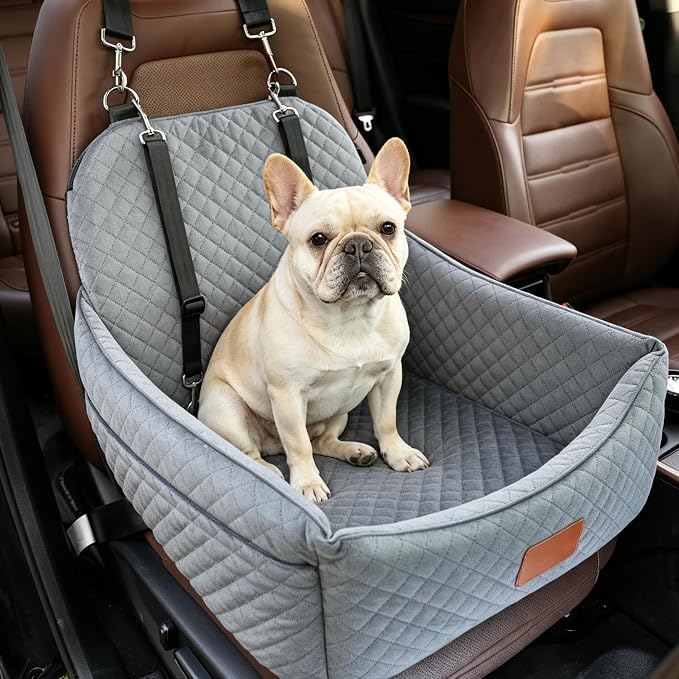 Dog Car Seats for 5-25 lbs Dogs,Pets Safety Travel Bed with 3Seatbelt-Grey | Storage Pockets,Non-Slip Bottom,Memory Foam with Detachable Washable Cover and Easy to Install