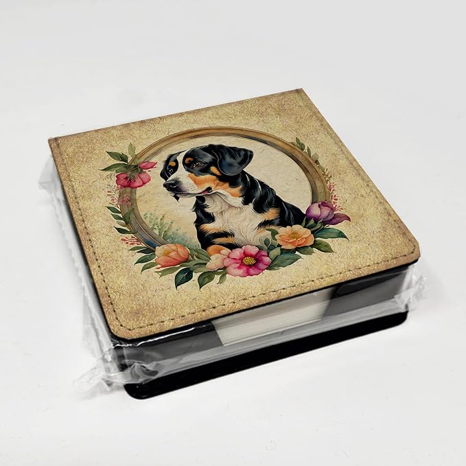 Caroline's Treasures Entlebucher Mountain Dog and Flowers PU Leather Note Paper Holder with Artist-Designed Cover, Desk Accessory, Office Gift