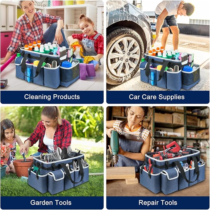 Cleaning Caddy Bag,Extra Large Cleaning Supplies Organizer with Handle for Housekeepers,Blue